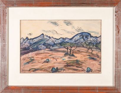 null René SEYSSAUD (1867-1952) Paysage aux oliviers. Aquarelle. Signée en bas à gauche....