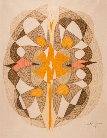 null MOON SHIN (1923-1995) Composition. 1977. Feutre et encre.. Signée et datée en...