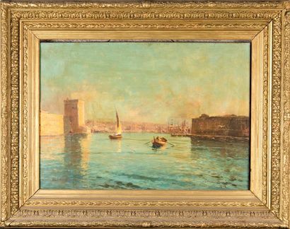 null François Léon PRIEUR-BARDIN (1870-1939) Entrée du port de Marseille. 1902. Huile...