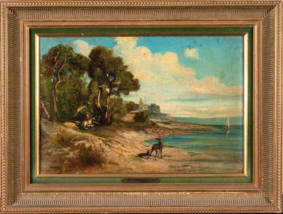 null Vincent COURDOUAN (1810-1893) Paysage animé. Huile sur panneau. Signée en bas...