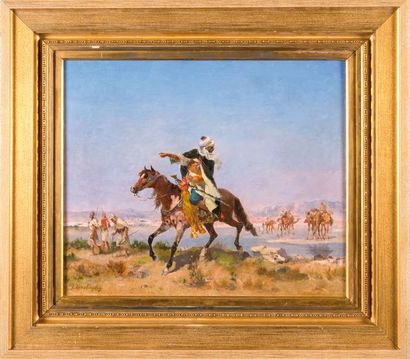 null Georges WASHINGTON (1827-1910) La caravane et le cavalier arabe. Huile sur toile....