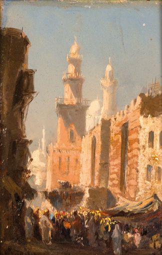 null Louis Amable CRAPELET (1822-1867) Scène de souk au Caire. Huile sur carton....