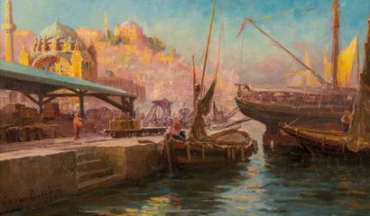  François Léon PRIEUR-BARDIN (1870-1939) Bateau à quai sur Bosphore, Constantinople....