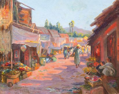 null Louis RIVIèRE (XIX-XXème siècle) Marché dans un village au Vietnam. 1912. Huile...