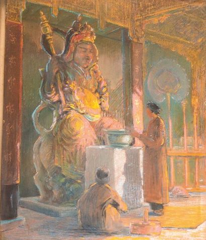 null René BASSOULS (XIX-XX) Prière devant Padmasambhava (Guru Rinpoché). Pastel....