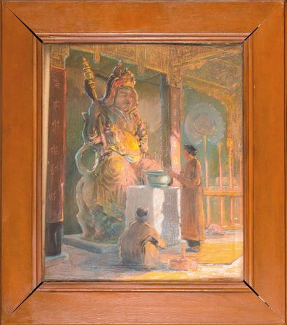  René BASSOULS (XIX-XX) Prière devant Padmasambhava (Guru Rinpoché). Pastel. Signé...
