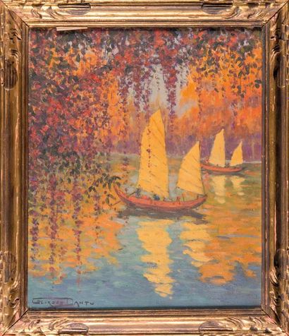 null Georges Victor Laurent DANTU (1867-1935) Jonque sur le lac. Huile sur toile....
