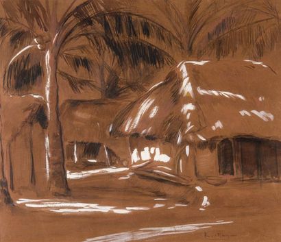 null Henri MEGE (1904-1984) Village, province de Yuang Nga. Vietman. 1936. Gouache...