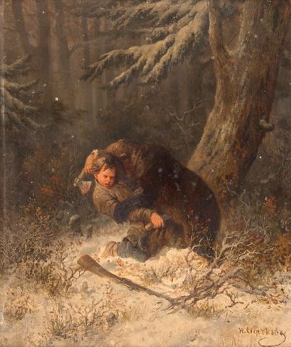  Nicolai Egorovich SVERCHKOV (1817-1898) Le combat du trappeur. Huile sur panneau....
