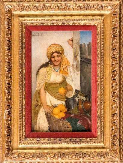 null Daniel ISRAEL (1859-1901) Vendeuse d’oranges au sourire. Huile sur panneau....