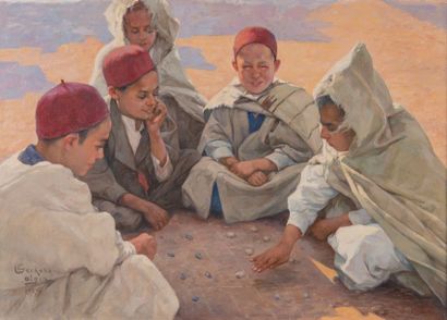 null Émile DECKERS (1885-1968) Les enfants jouant à Alger. 1957. Huile sur toile....