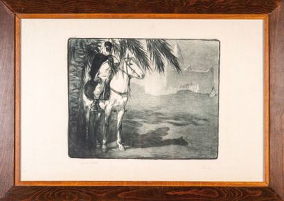 null Paul Jouve (1878-1973) Cavalier Arabe à l’ombre d’un palmier. 1911. devant le...