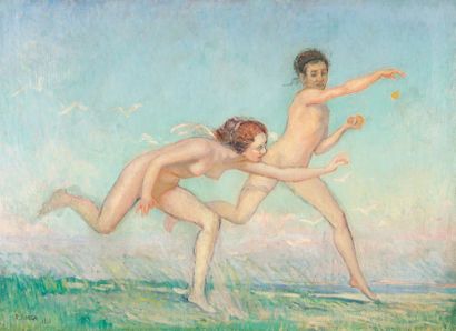 null René Charles Eugène LONGA (1878-?) Jeunes femmes courant. 1918. Huile sur toile....