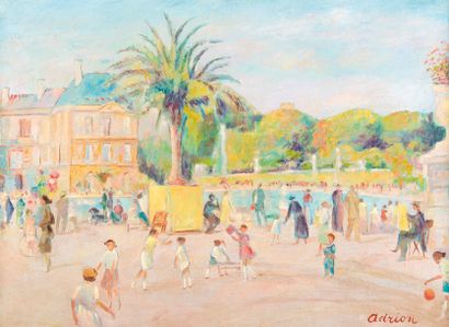 null Lucien ADRION (1889-1953) Parc du Château animé. Huile sur toile. Signée en...
