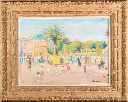 null Lucien ADRION (1889-1953) Parc du Château animé. Huile sur toile. Signée en...