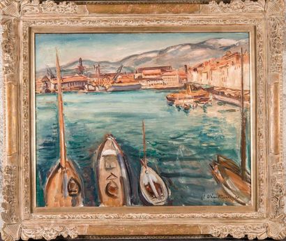 null Émile Othon FRIESZ (1879-1949) Bateaux dans le port de Toulon. 1926. Huile sur...