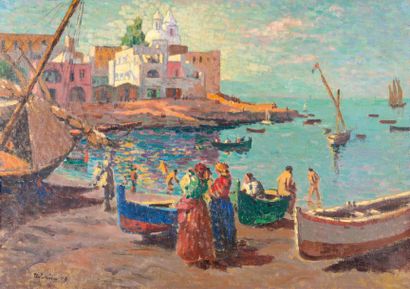 null Alexandre URBAIN (1875-1953) La baie de Naples. 1909. Huile sur toile. Signée...