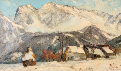 null Étienne ALBRIEUX (1891-1962) Première neige au fond de Frame, 1938. Huile sur...