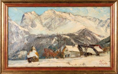 null Étienne ALBRIEUX (1891-1962) Première neige au fond de Frame, 1938. Huile sur...