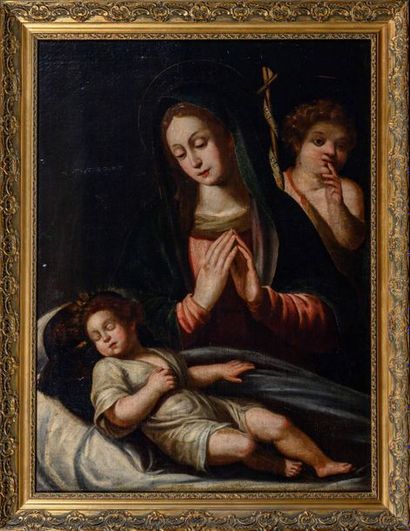 null Ecole ITALIENNE du XVIIe siècle Vierge à l’Enfant à l’ange dit Le silence Toile...