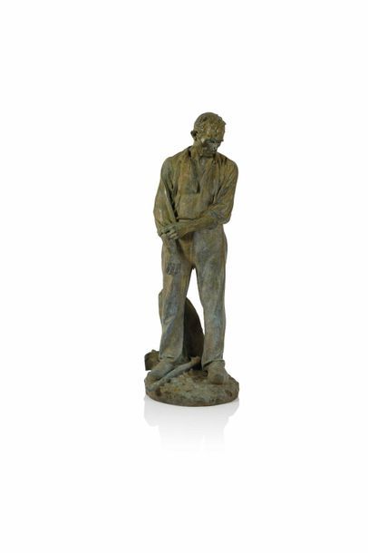 null Aimé-Jules DALOU (1838-1902). Le Paysan Bronze à patine verte Signé sur la base,...