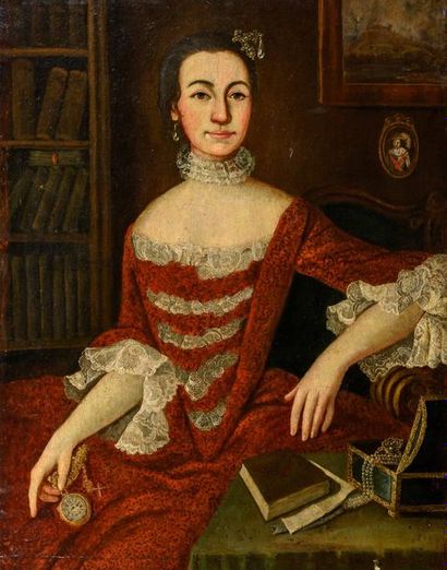 null Ecole ESPAGNOLE de la fin du XVIIIe siècle Portrait de femme assise dans un...