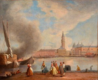 null Ecole VENITIENNE vers 1760 Jeunes femmes dansant devant le grand canal à Venise...