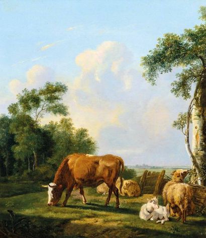 null Pieter Gerardus Van OS (1776-1839) Vaches au pâturage Panneau de chêne, une...