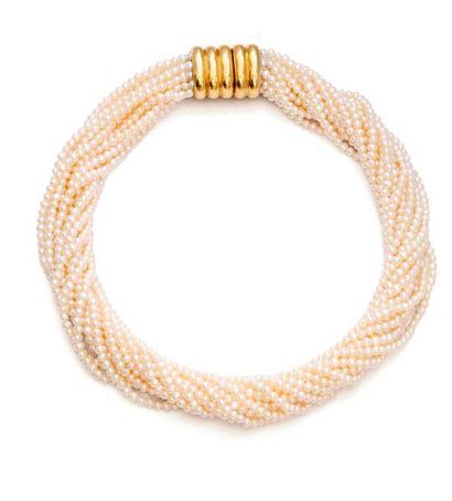 null Collier et bracelet en tresse de perles de culture, fermoirs en or jaune 18K...