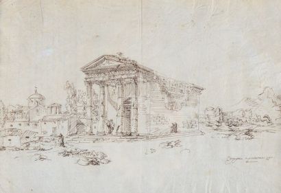 null École Française du XVIIIe siècle. Temple à Palerme. 1790. Lavis d’encre brune....