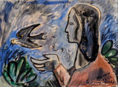 Richard MANDIN (1909-2002) La femme à l’oiseau....