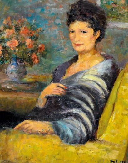 null Marcel DYF (1899-1985) Portrait de femme au vison. 1953. Huile sur toile. Signée...
