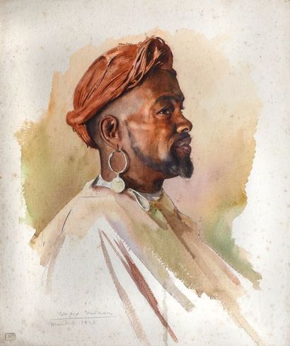 null Max Léon MOREAU (1902-1992) Portrait d’un marocain. 1948. Aquarelle. Signée,...