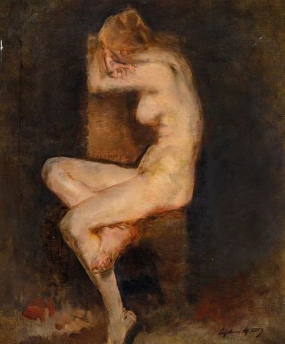 null Alphonse MOUTTE (1840-1913) Jeune femme nue assise. Huile sur toile. Signée...