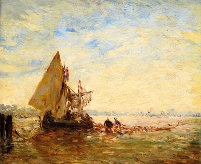 null Félix ZIEM (1821-1911) Bateau devant Murano. Huile sur panneau parqueté. Signée...