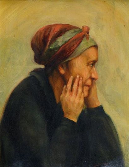 null Georges POMERAT (XIXe-XXe) Portrait d’une vieille femme. Huile sur toile. Signée...