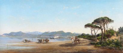 null Vincent COURDOUAN (1810-1893) Plage animée vers Toulon. Huile sur toile. Signée...