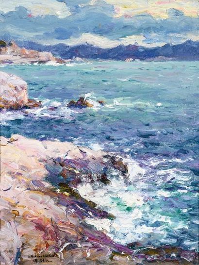  Jean Baptiste OLIVE (1848-1936) Mer sur les rochers. Marseille. Huile sur toile....