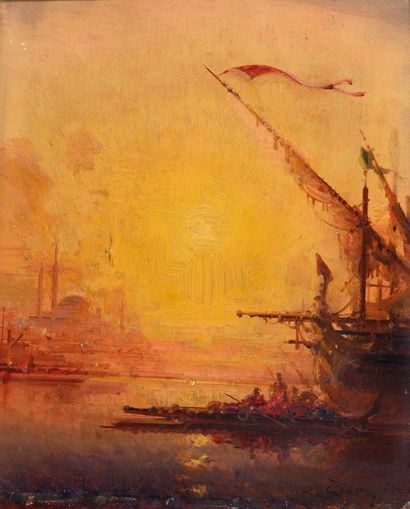 null Henri DUVIEUX (c.1855-1902) attribué à Barques sur le Bosphore. Huile sur panneau....