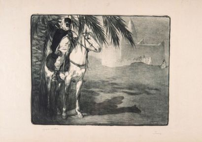 null Paul JOUVE (1878-1973) Cavalier Arabe à l’ombre d’un palmier. 1911. devant le...
