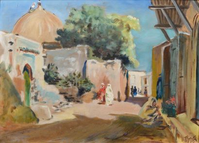 null Max TILKE (1869-1942) Promeneurs près du mausolée à Rabat. Huile sur panneau....