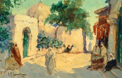 null Gustave FLASSCHOEN (1868-1940) Rue animée à Rabat. Huile sur panneau. Signée...