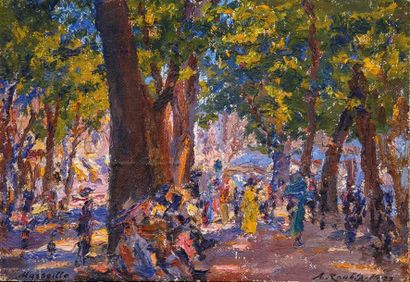 null Alexandre ROUBTZOFF (1884-1949) Promeneurs dans le parc. 1923. Huile sur toile...