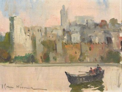 null José CRUZ HERRERA (1890-1972) En barque sur le Bou Regreb. Huile sur carton....