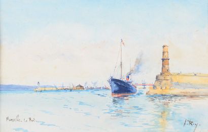 null Alphonse REY (1865-1938) Bateau dans l’entrée du port de Marseille. Aquarelle....