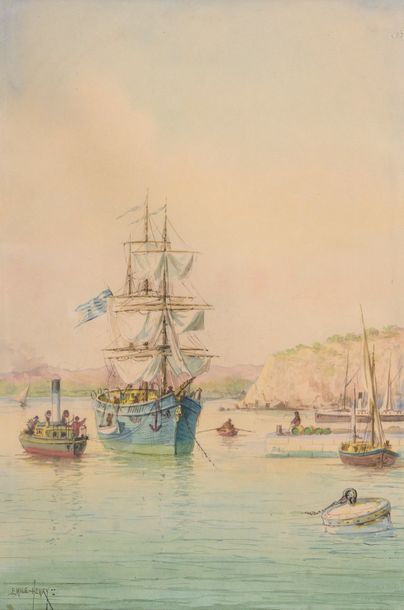 null Émile HENRY (1842-1920) Trois mâts dans le port de Marseille. Aquarelle. Signée...