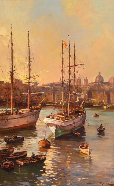null Étienne Philippe MARTIN (1856/58-1945) Bateaux dans le port de Marseille. Huile...