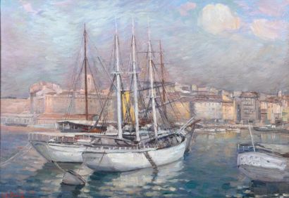 null Horace RICHEBÉ (1871-1964) Bateaux dans le port de Marseille. Huile sur toile....