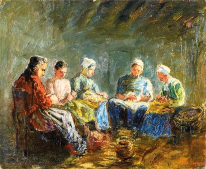 null René SEYSSAUD (1867-1952) Femmes démêlant les cocons. Circa 1885. Huile sur...