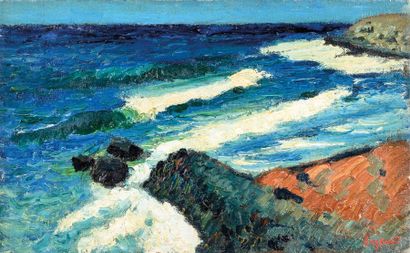 null René SEYSSAUD (1867-1952) Les vagues, rivage rocheux vers Bandol. Circa 1915....
